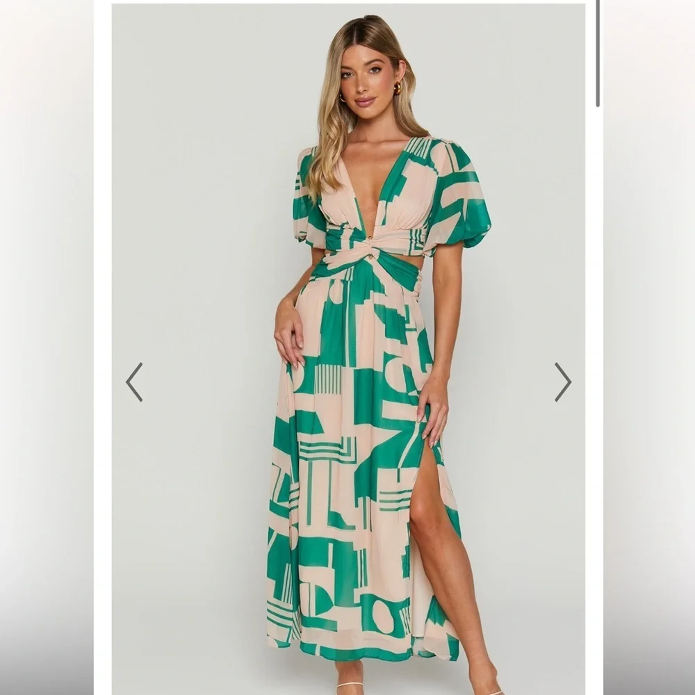 Showpo Lindsey Midi Dress- Side Cut Plunge Neck and Puff Sleeve Size US 8 - Picture 2 of 7
